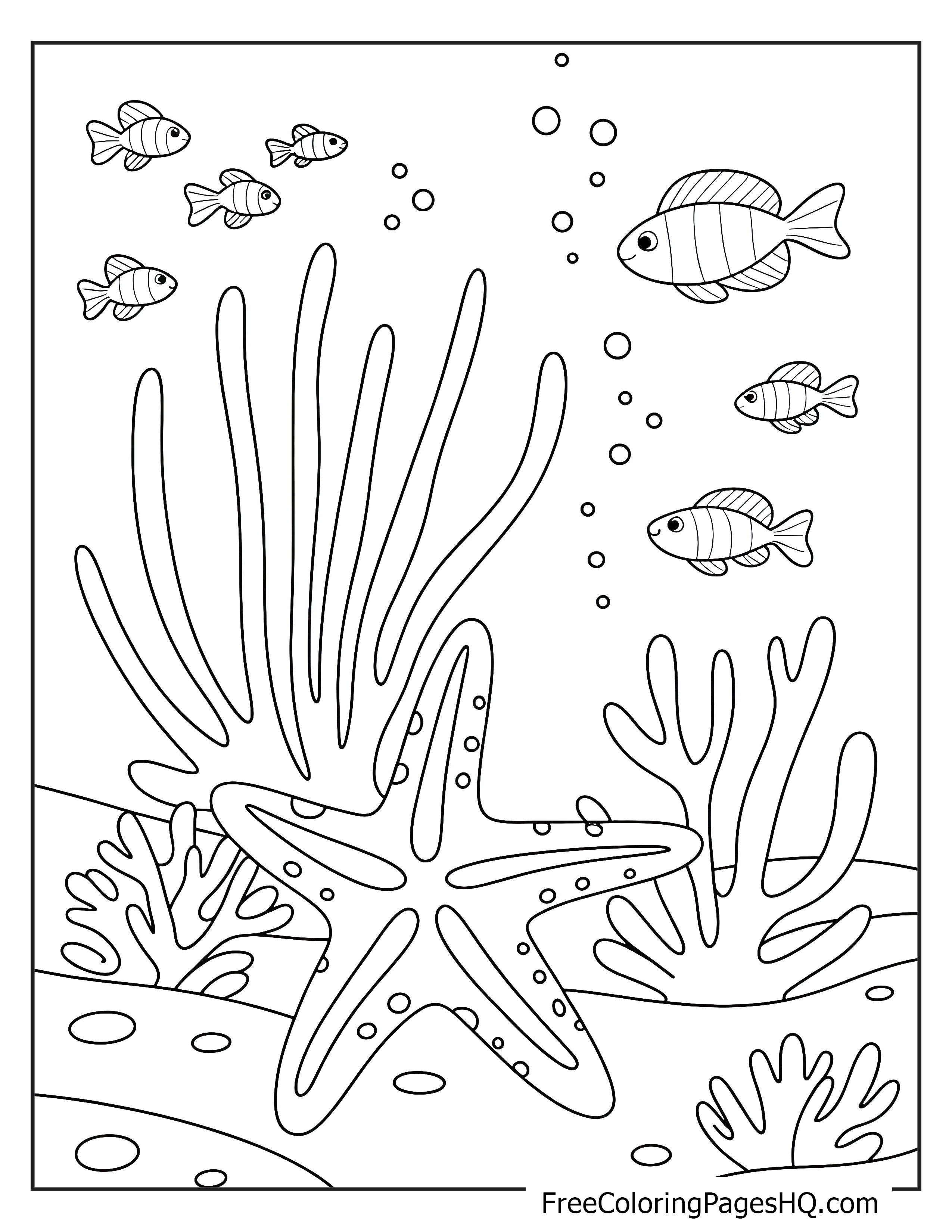 Fish swimming near sea plants and a starfish on the ocean floor.