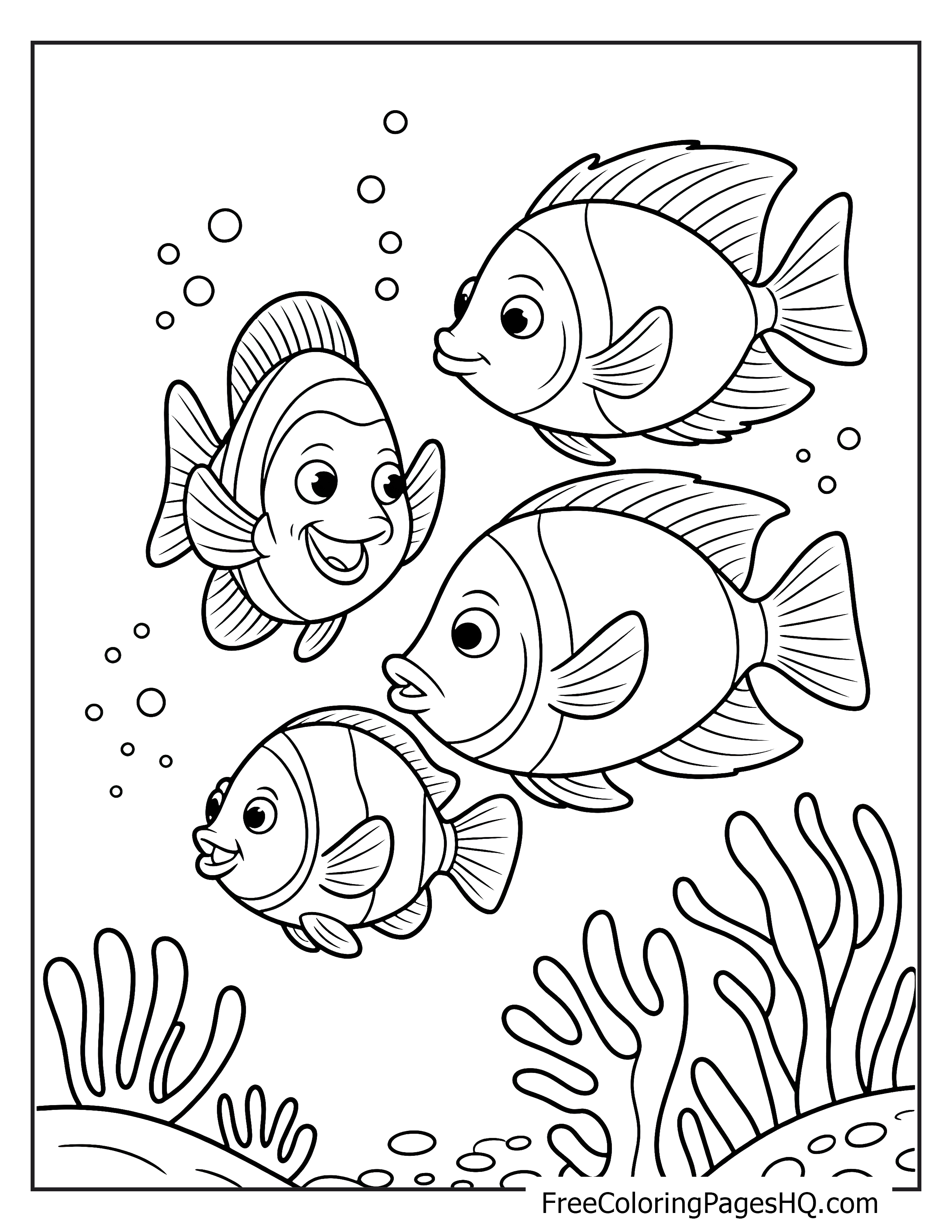 Cheerful fish swimming underwater with coral and bubbles.