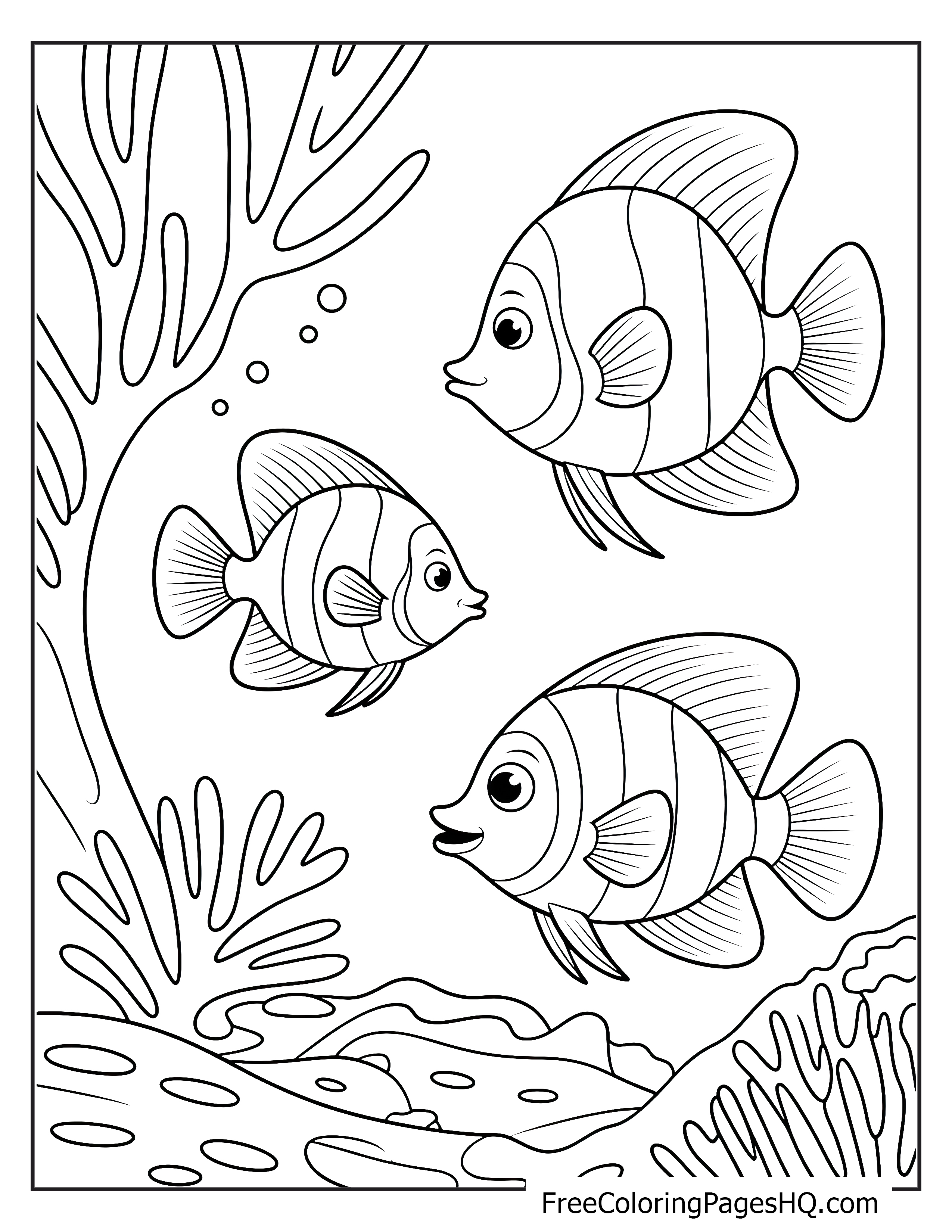 Three fish swimming underwater with corals and bubbles.