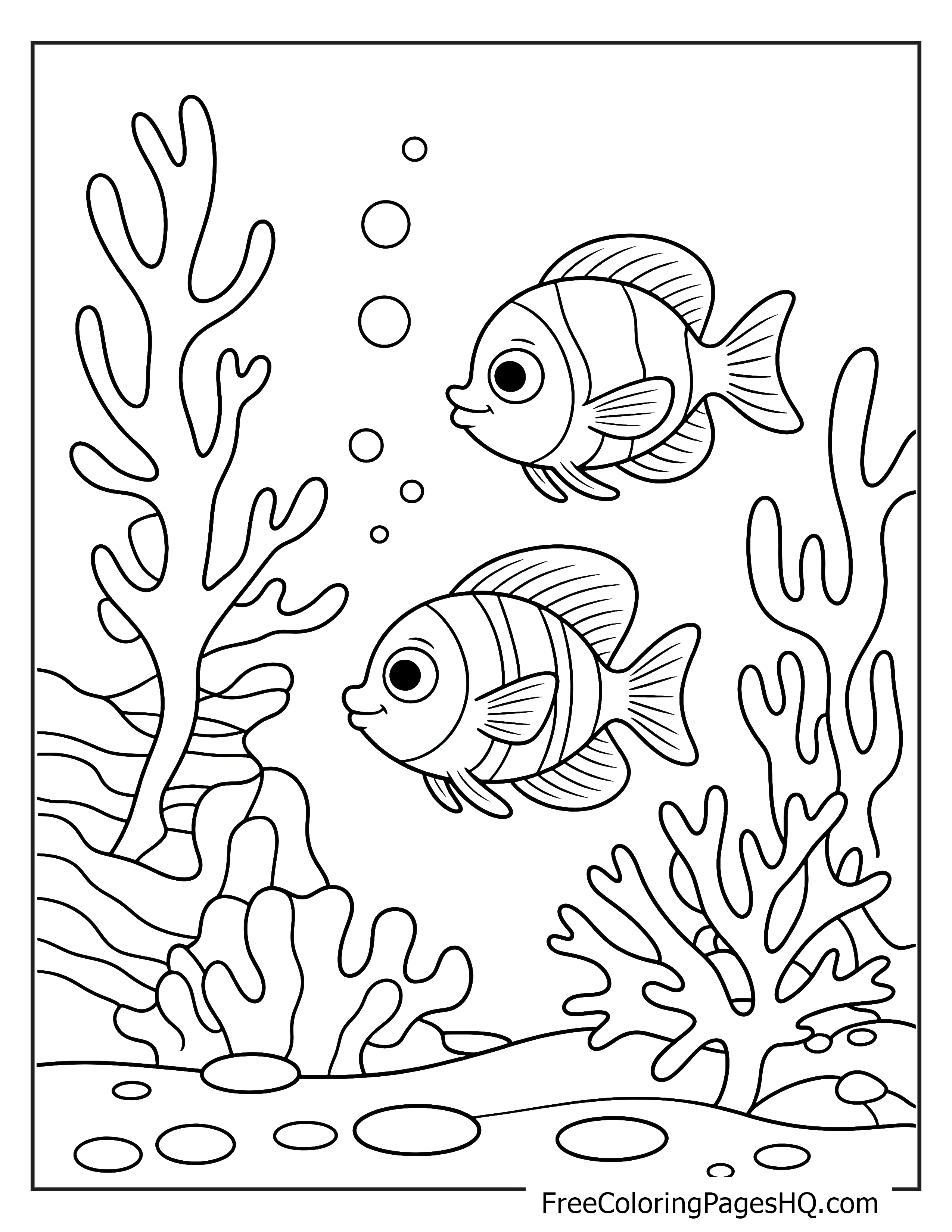 Two fish swimming in a coral reef with bubbles.