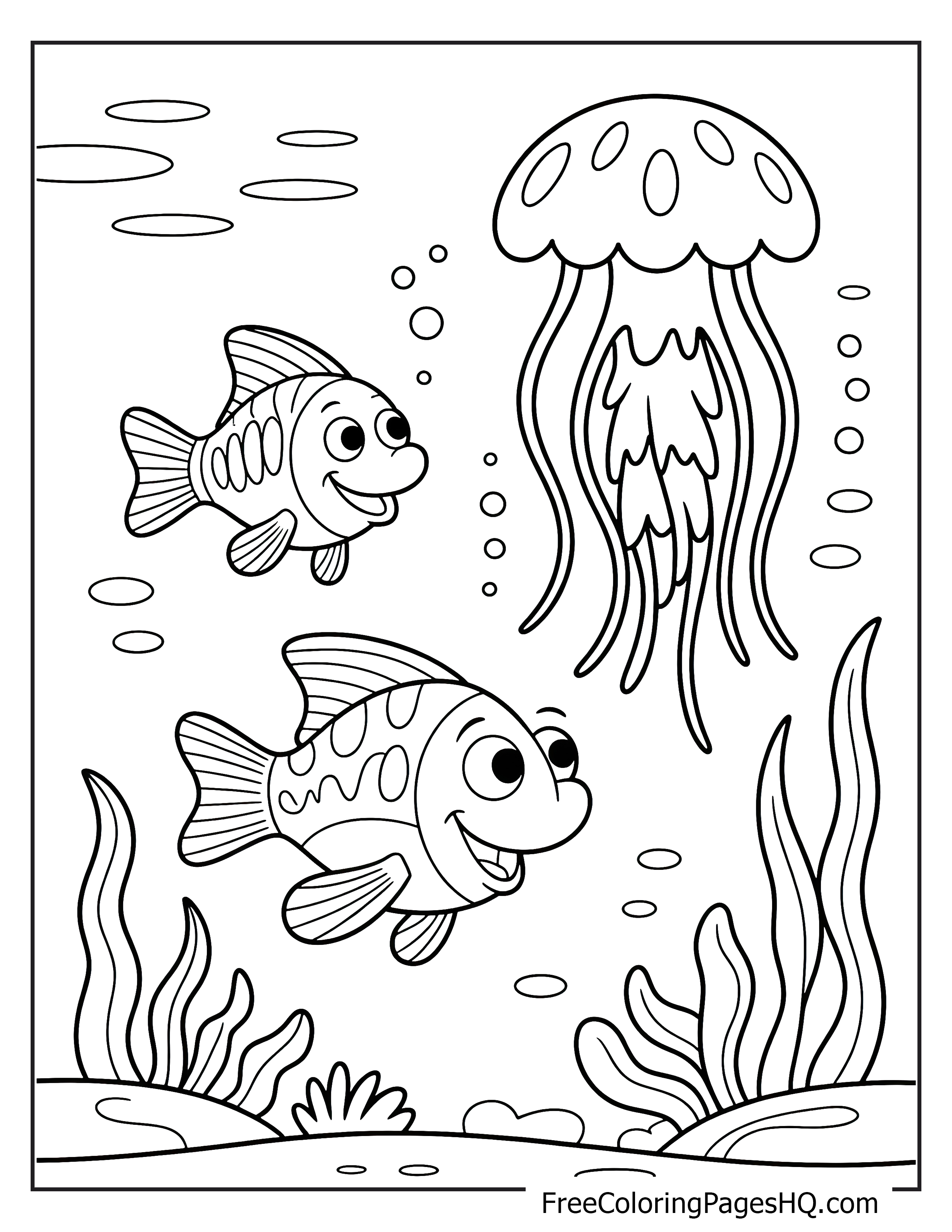 Two cheerful fish and a jellyfish underwater scene.