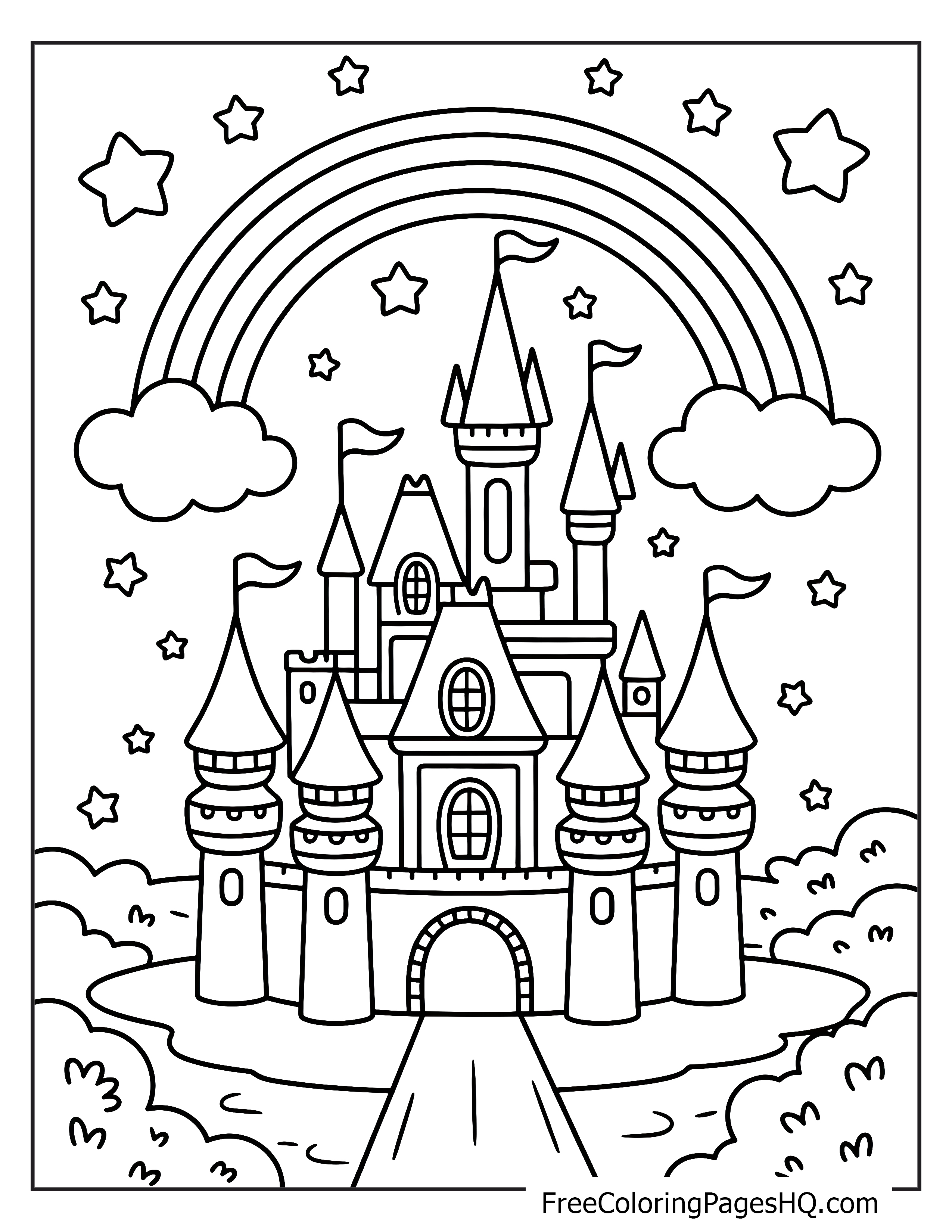 A castle with tall towers under a rainbow, surrounded by stars and clouds.