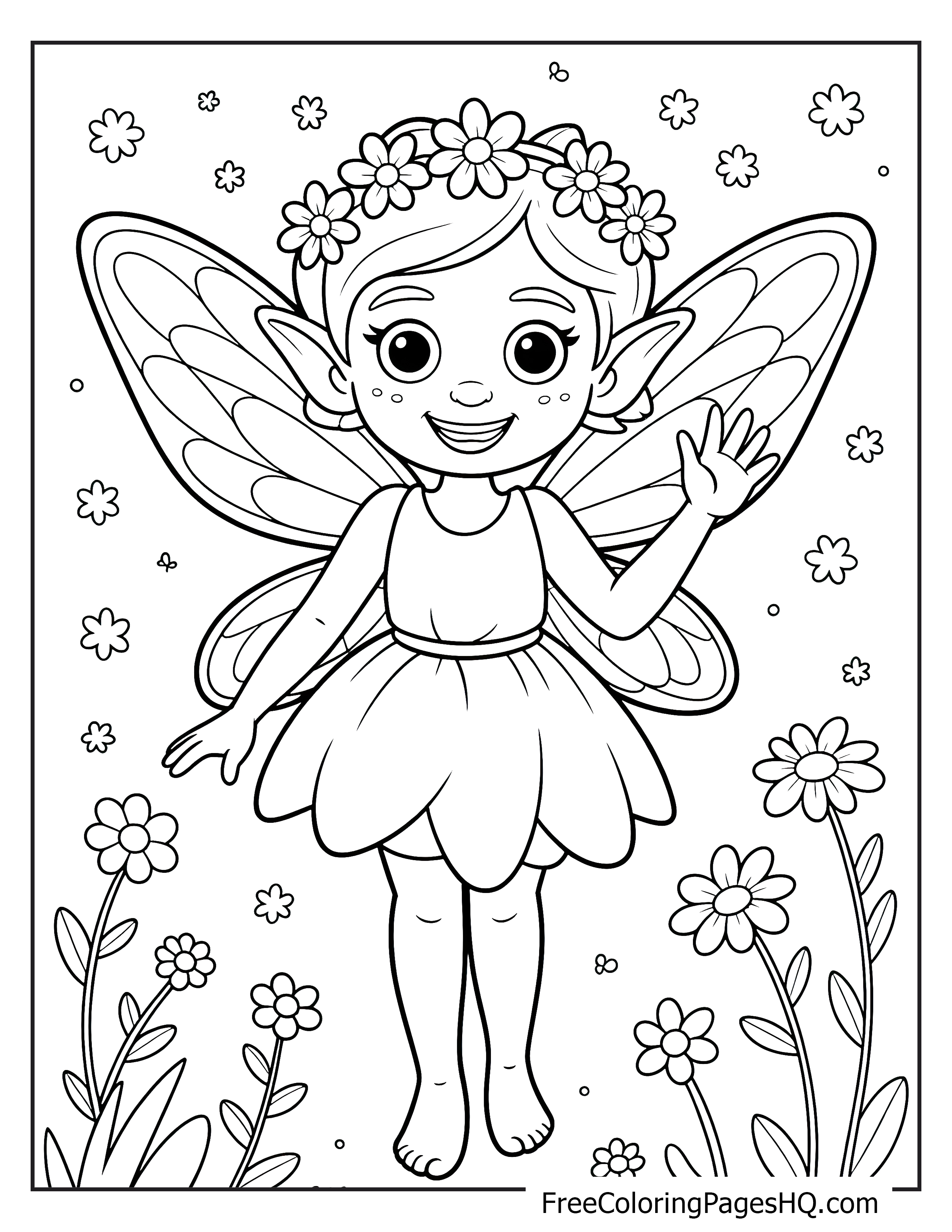A smiling fairy with flower-adorned hair stands in a garden, surrounded by flowers.