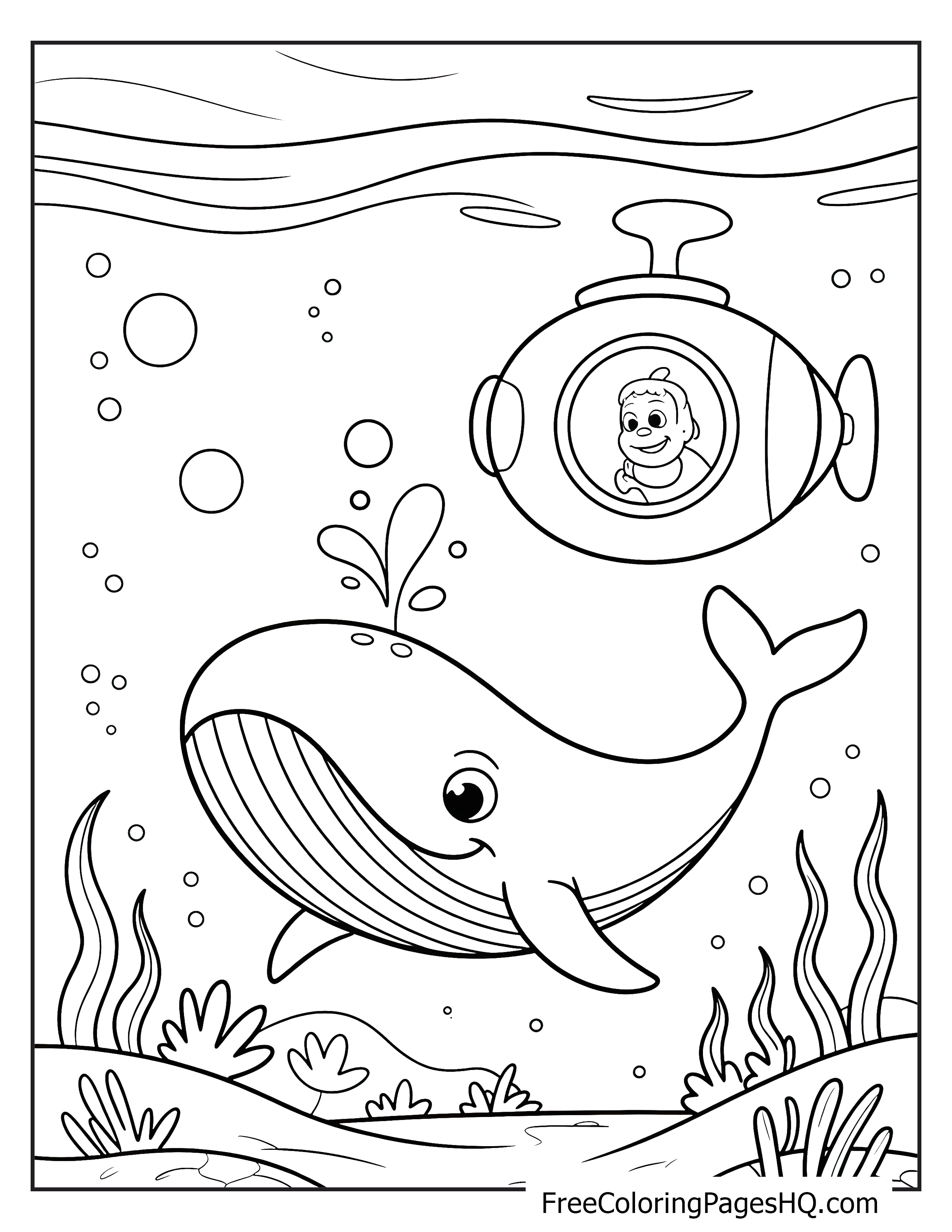 Cheerful whale swimming with a submarine and a waving child underwater.