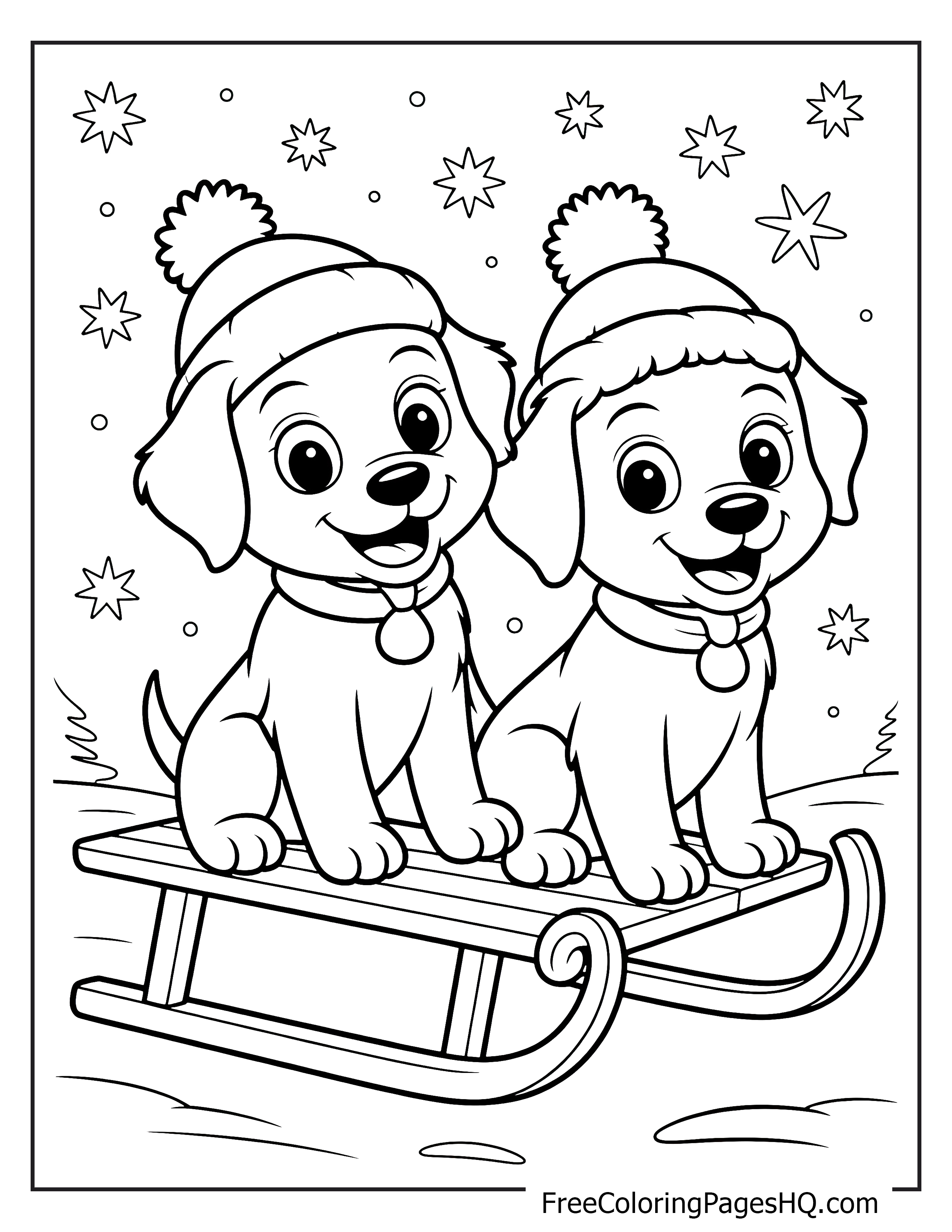 Cartoon puppies enjoying a winter sled ride in snowfall.