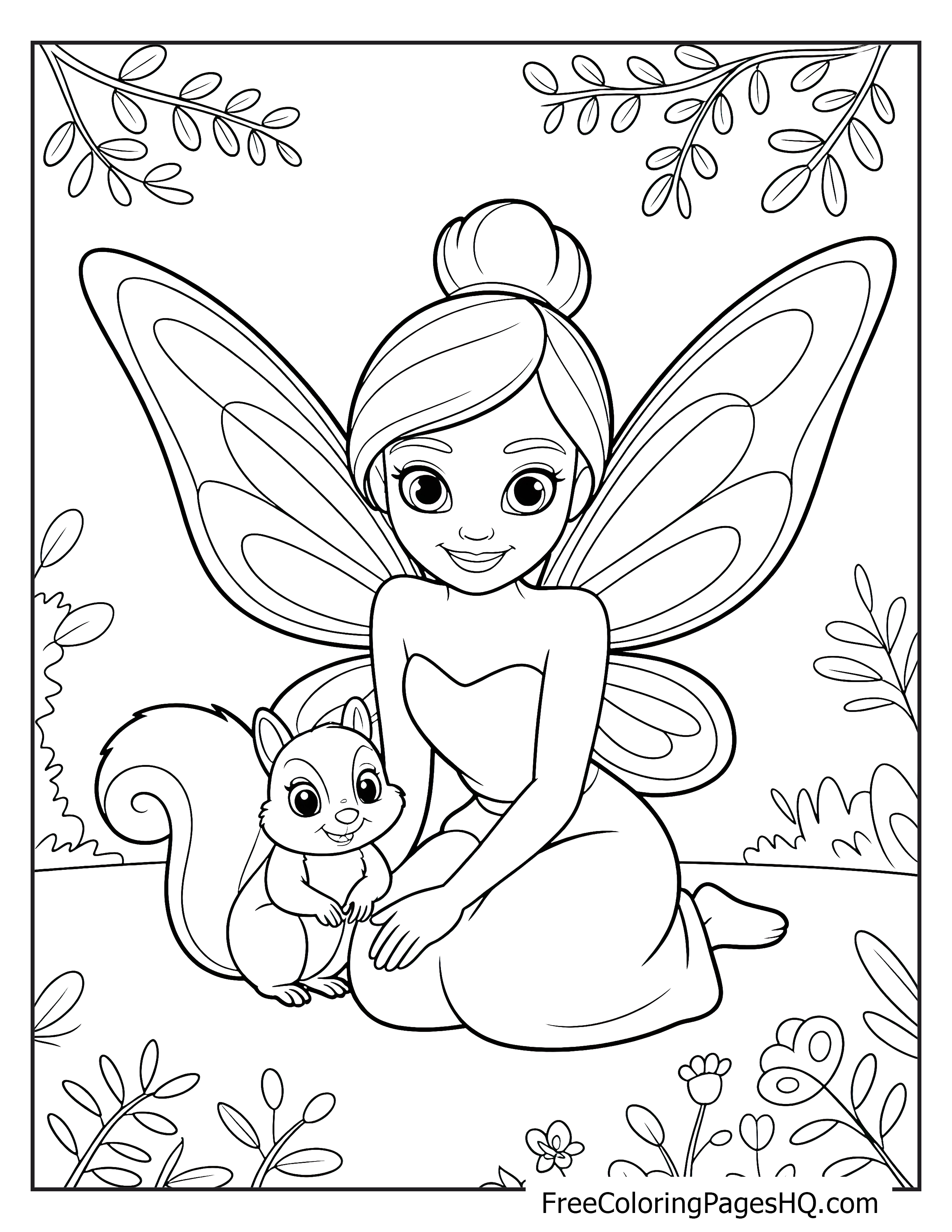 A fairy with wings kneels beside a cute squirrel surrounded by forest plants.