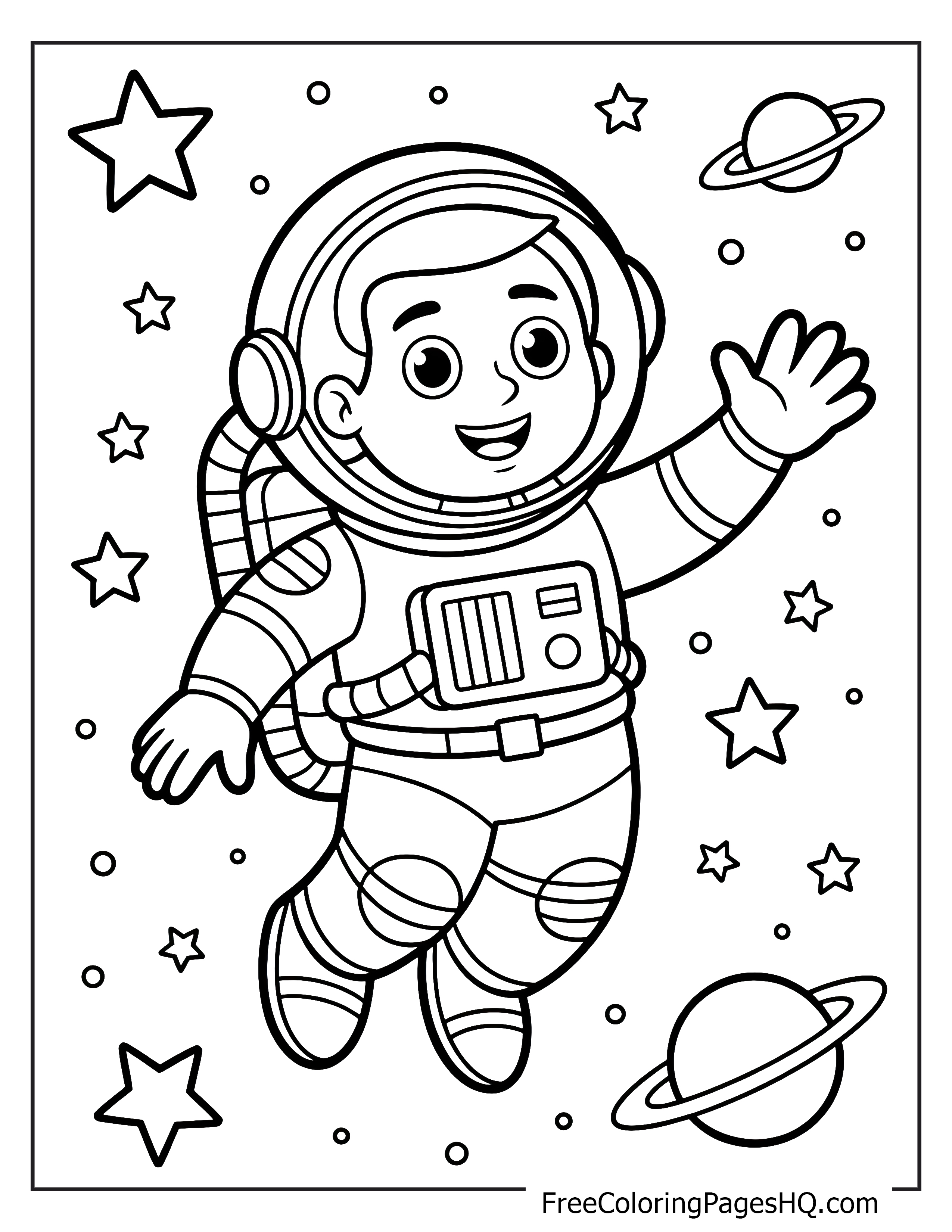 Friendly astronaut waving in outer space with planets and stars.