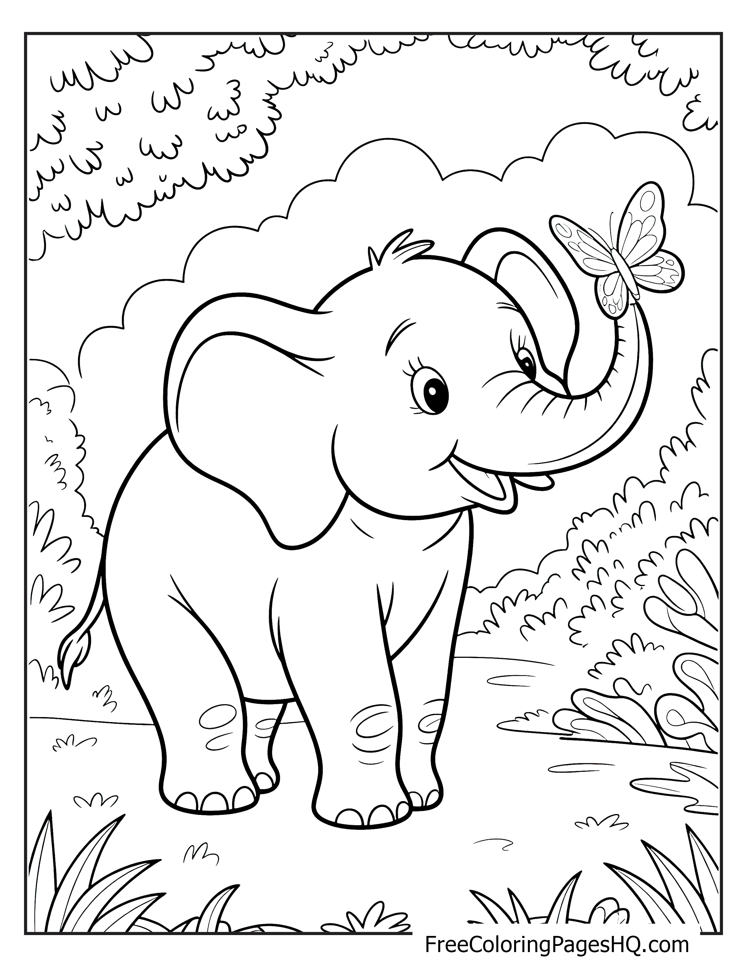 Cute elephant and butterfly in a forest scene.