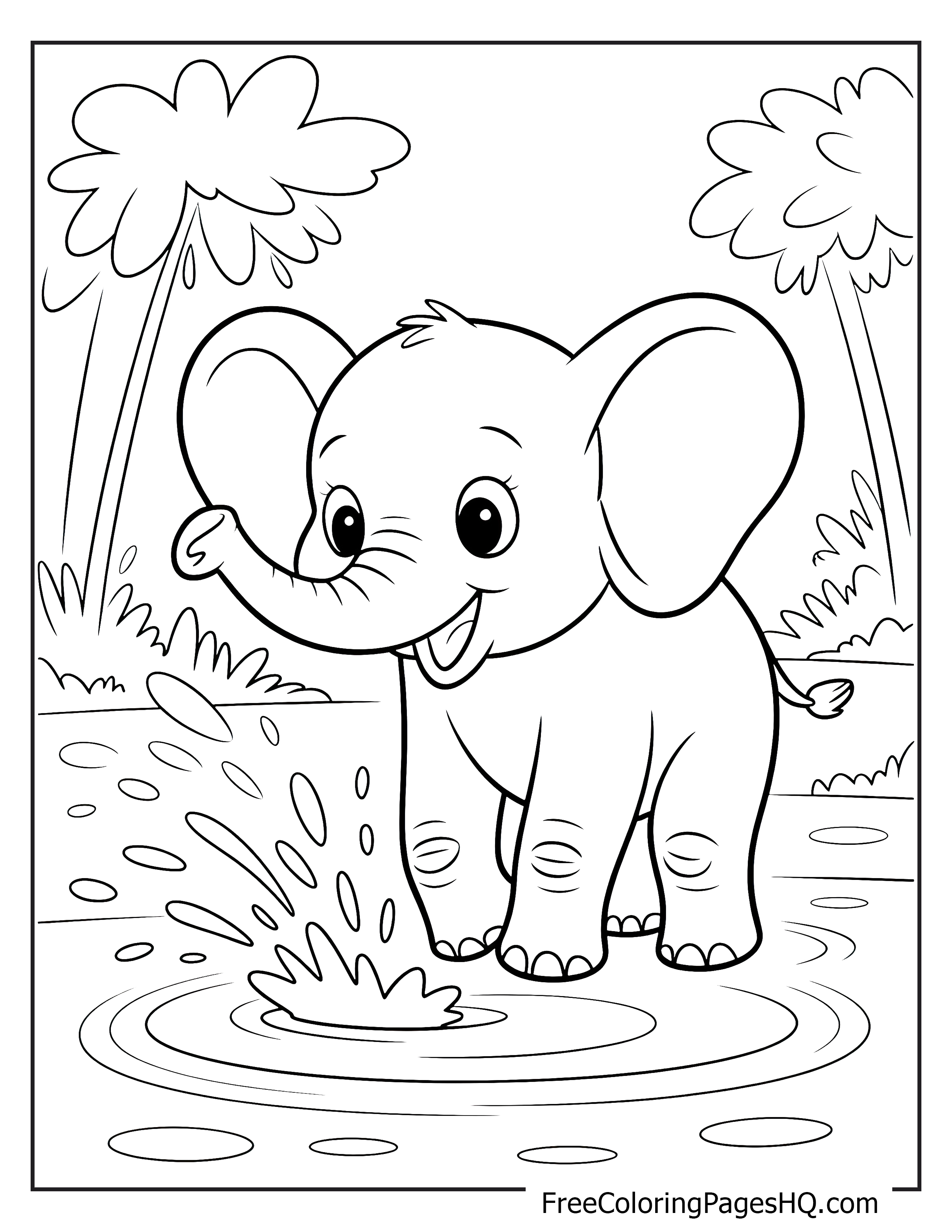 Illustration of a playful elephant by a pond with trees.