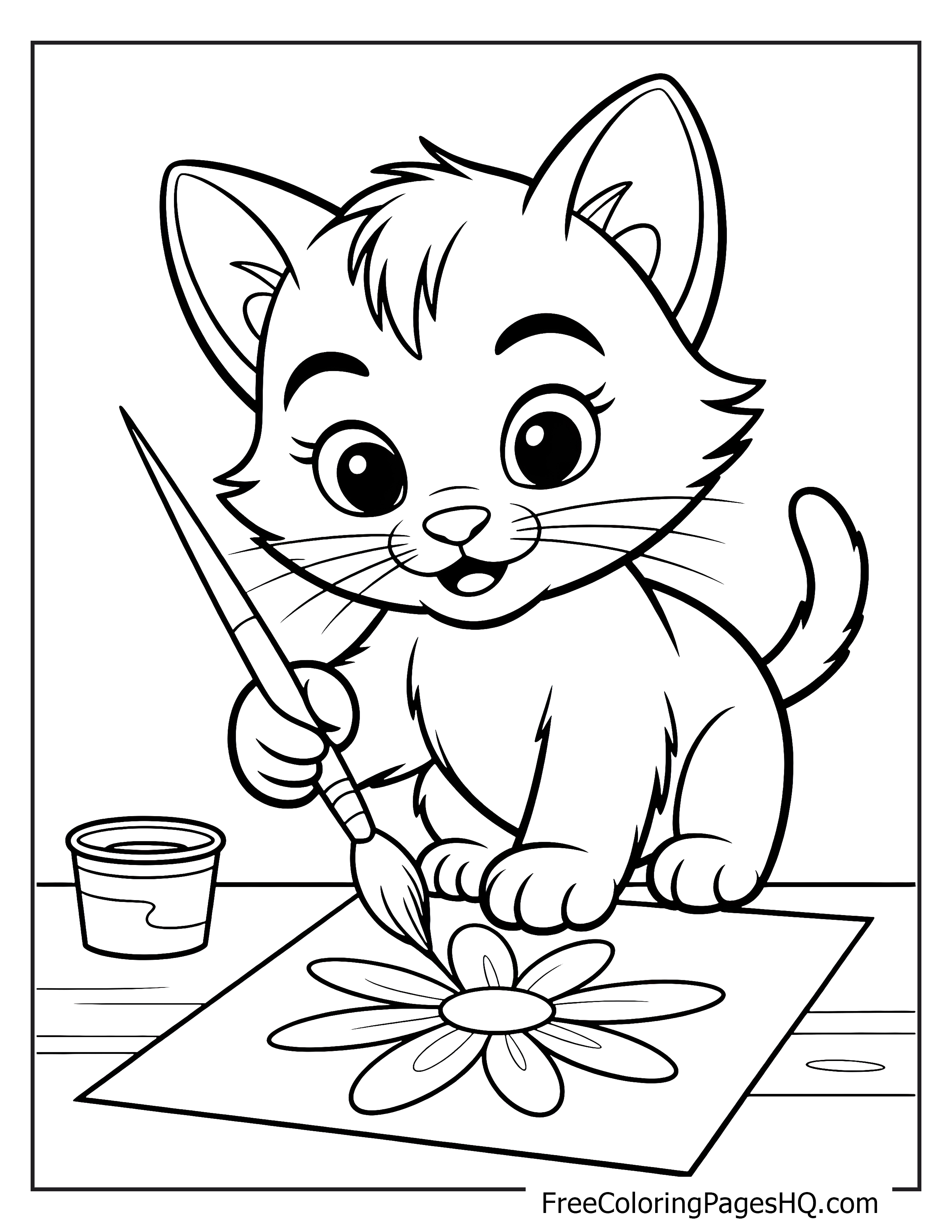 Kitten painting a flower with a brush illustration.