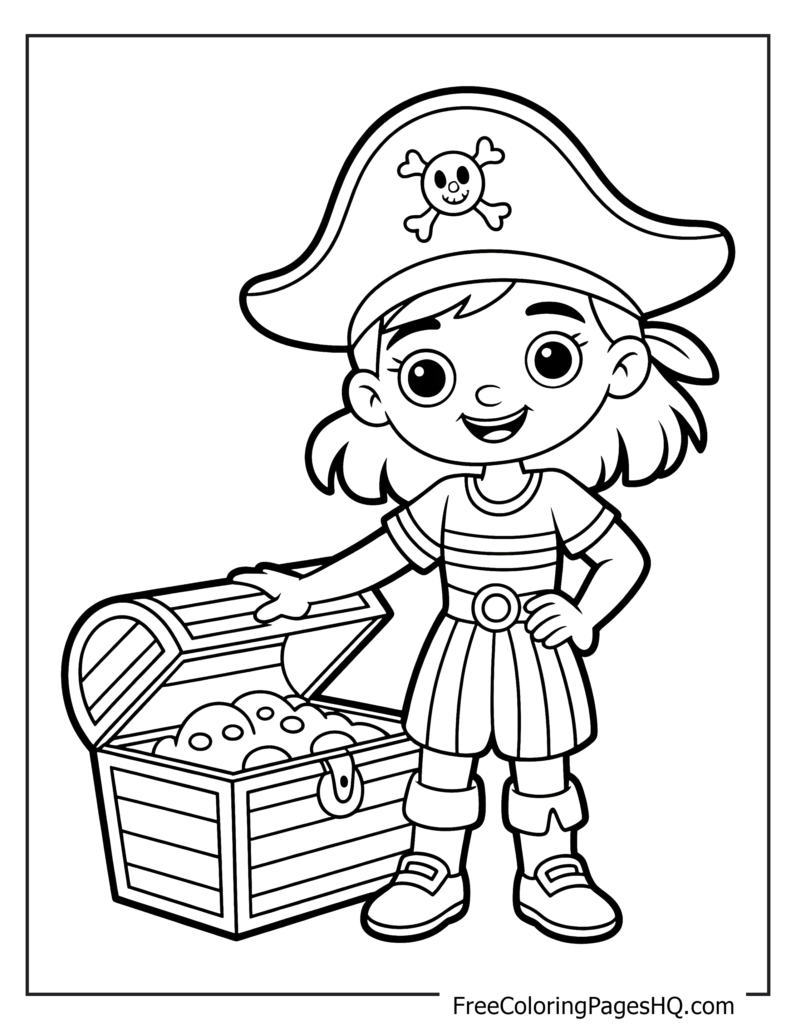 A smiling pirate girl with a treasure chest full of coins.
