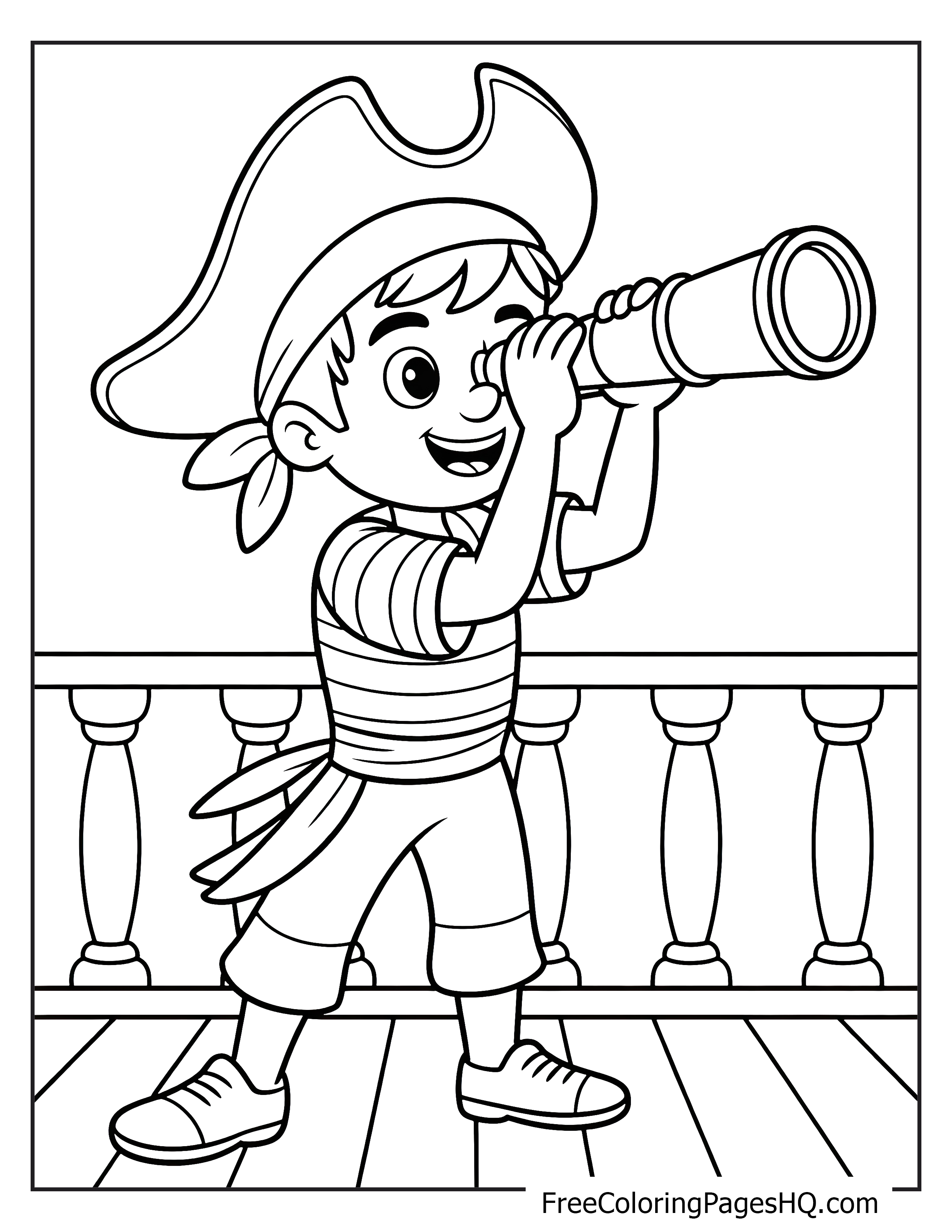 A child in a pirate costume looks through a telescope on a wooden ship deck.