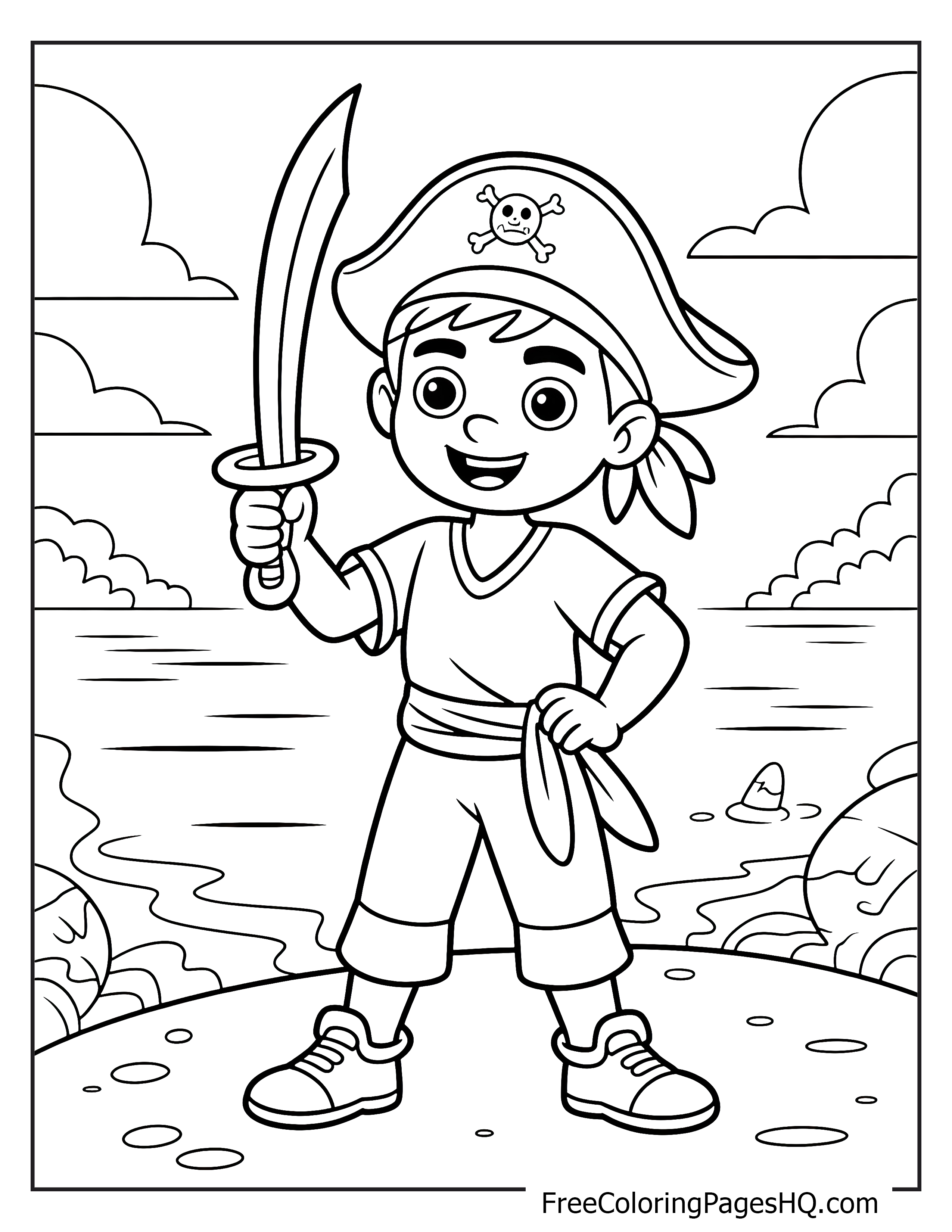 A smiling child in pirate costume holding a sword on a beach.