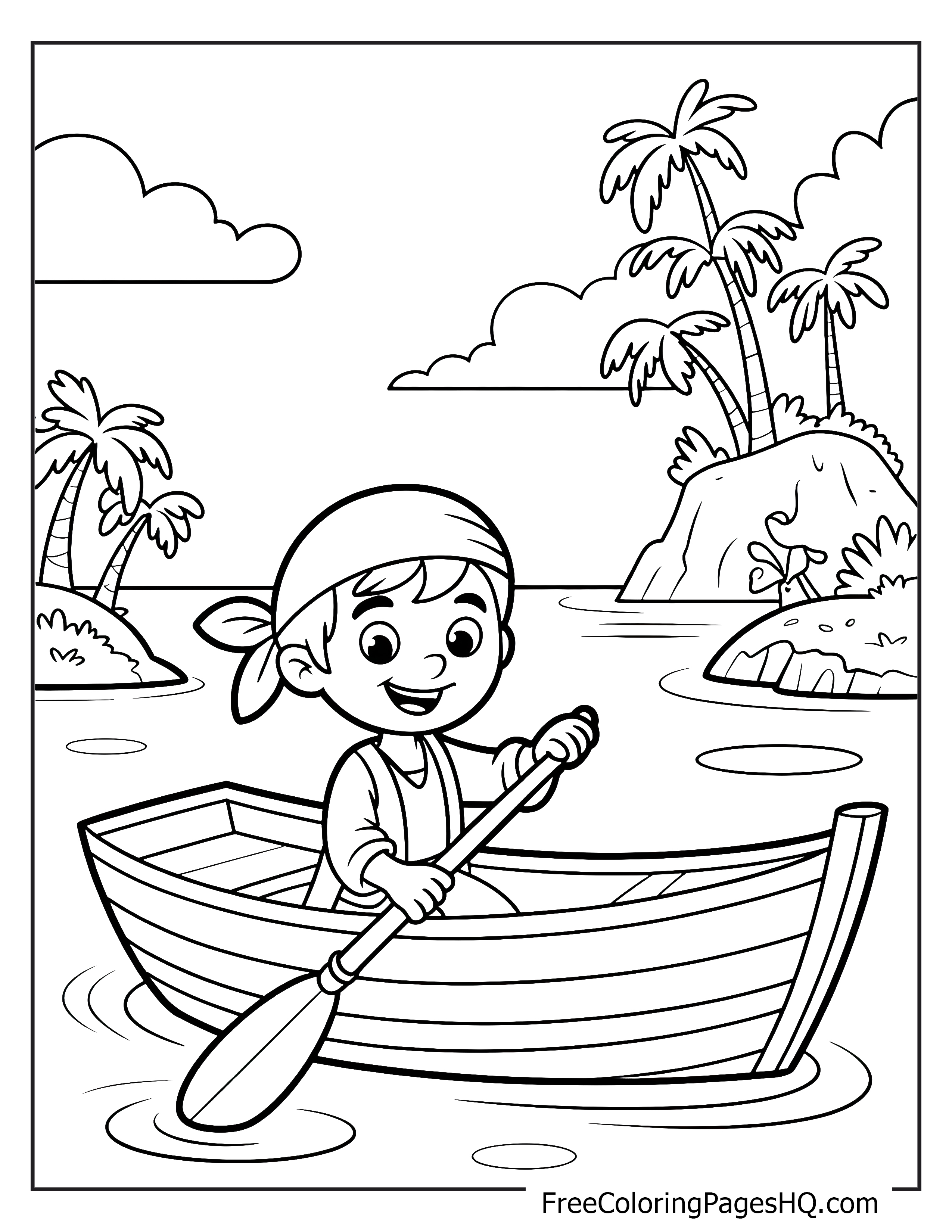 A happy young pirate rowing a small boat near a tropical island.