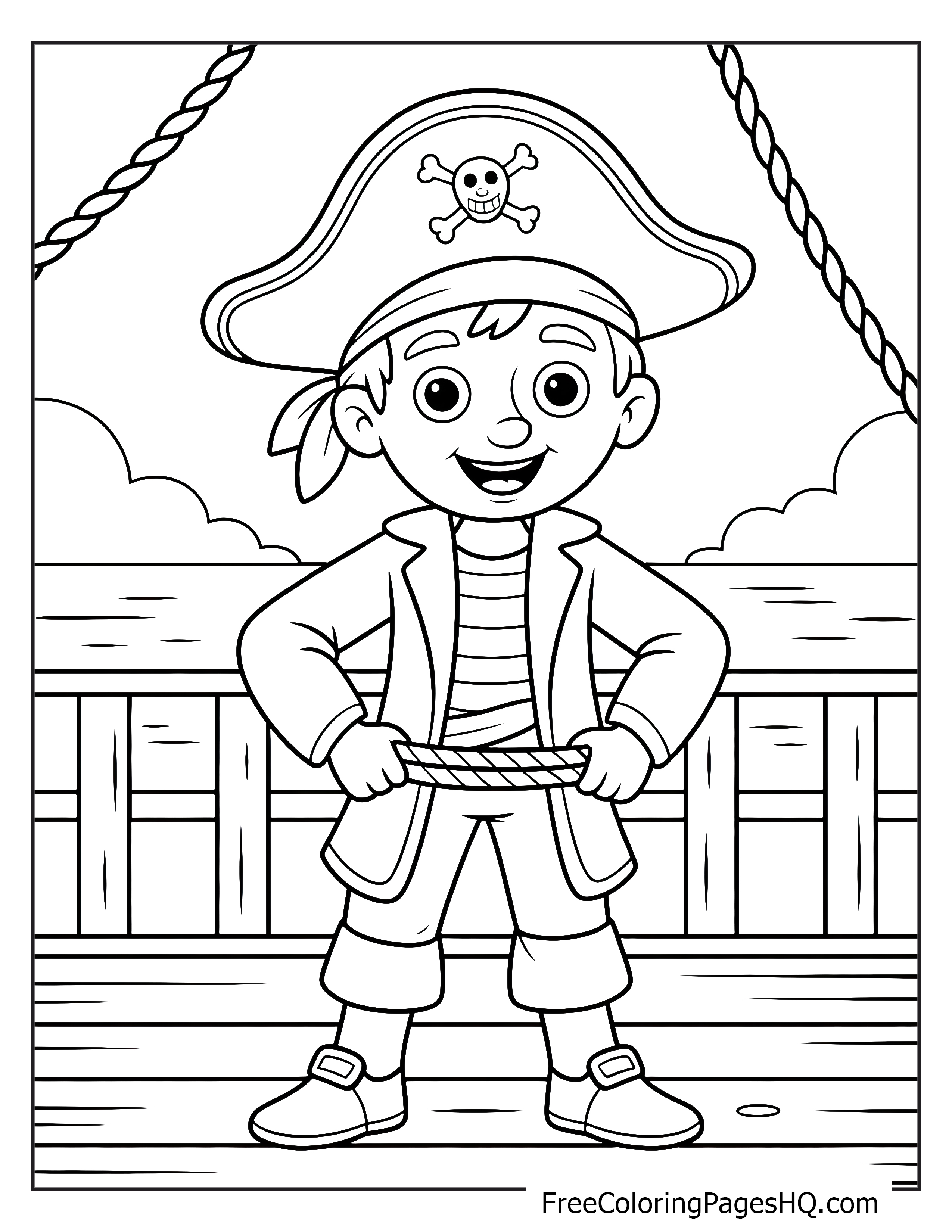 A happy child dressed as a pirate on a ship, holding a rope with clouds in the background.