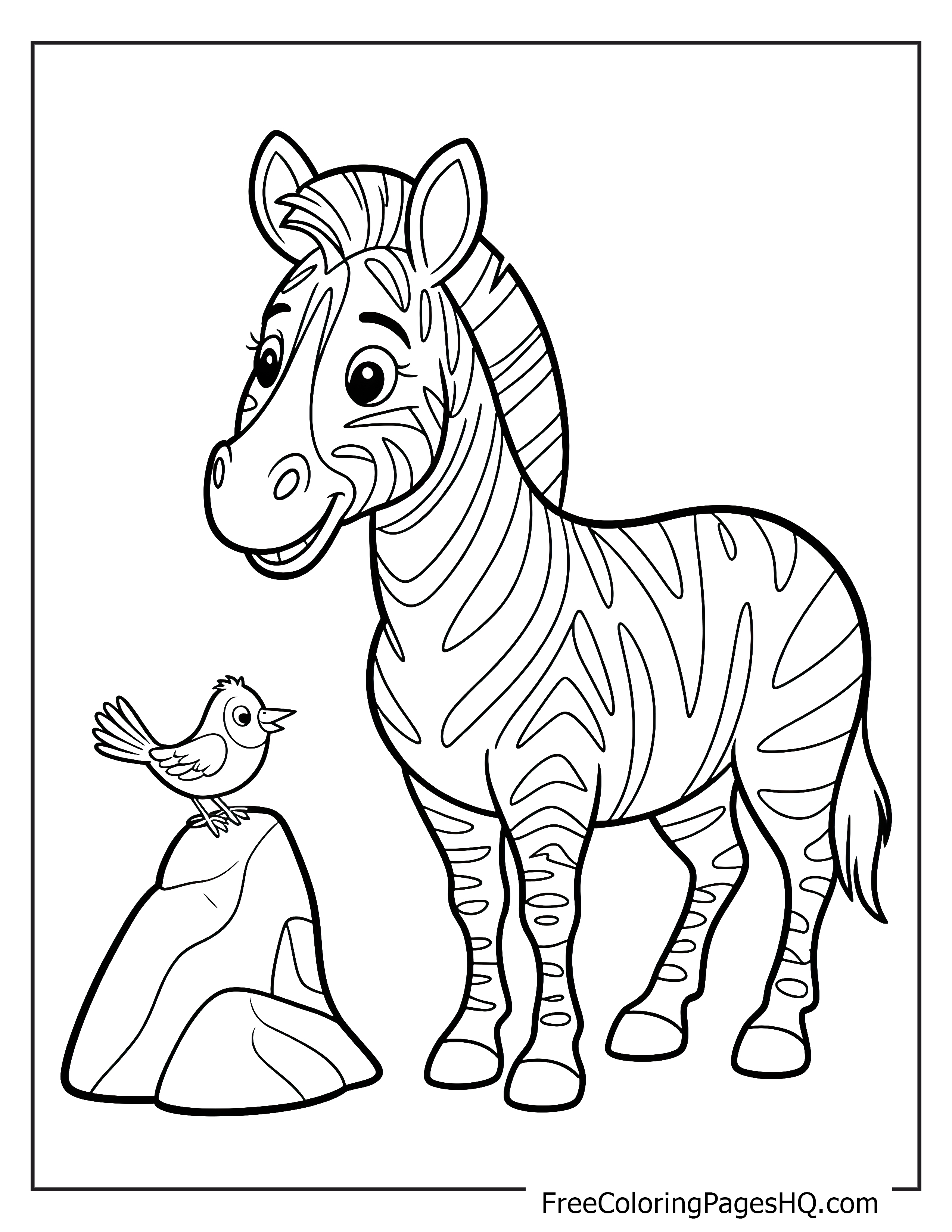 A zebra smiles at a bird sitting on a rock in a meadow.