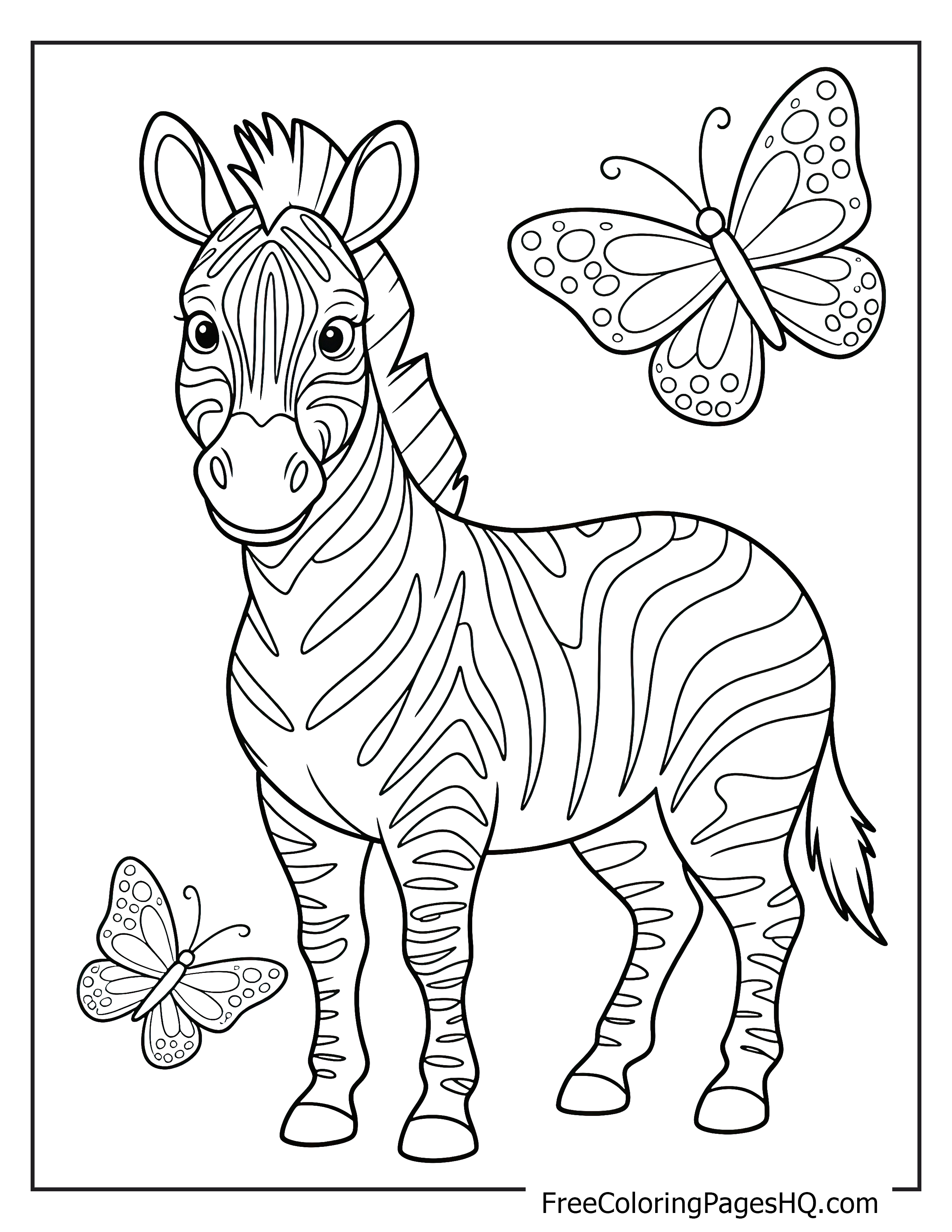 Zebra with two butterflies floating around.