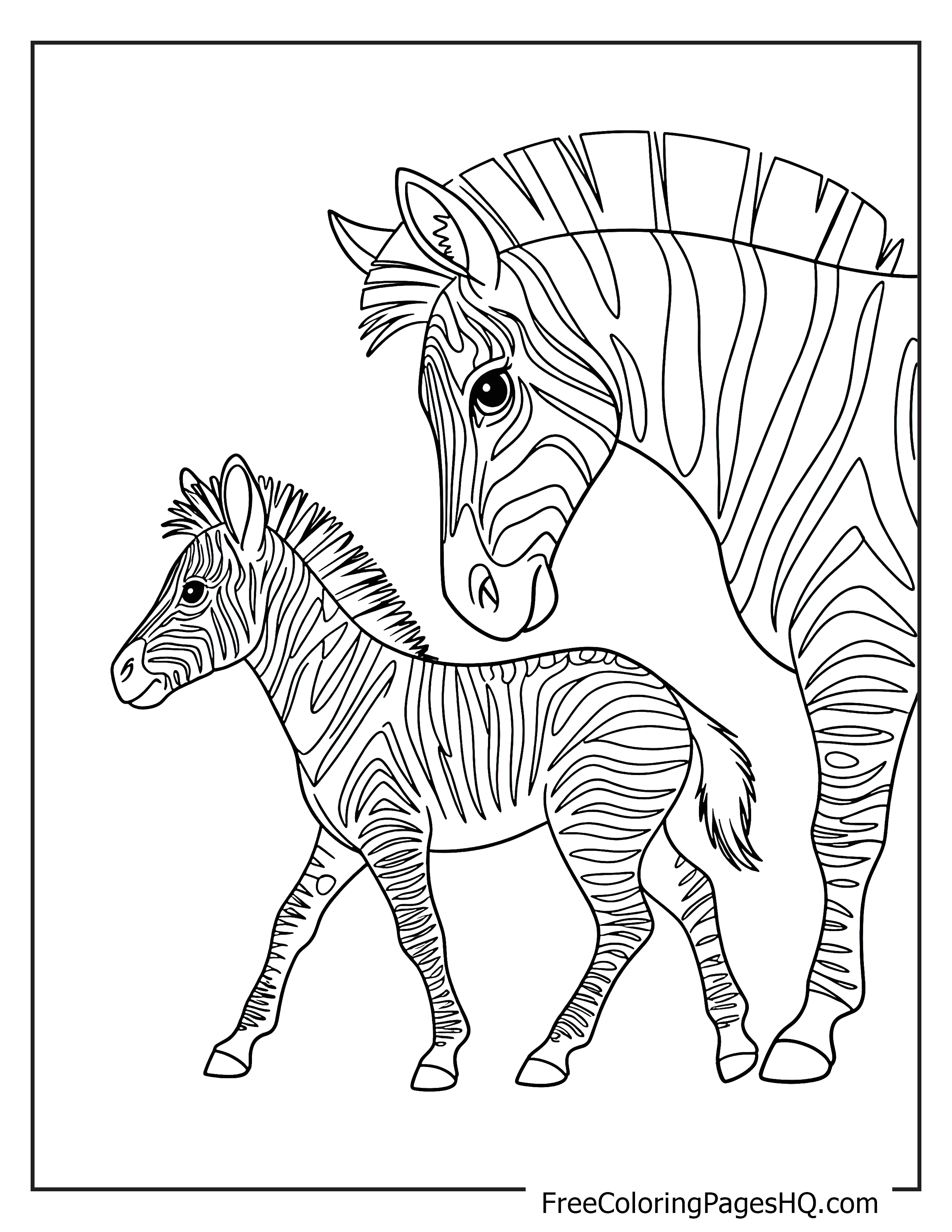 A mother zebra and her foal walking side by side.