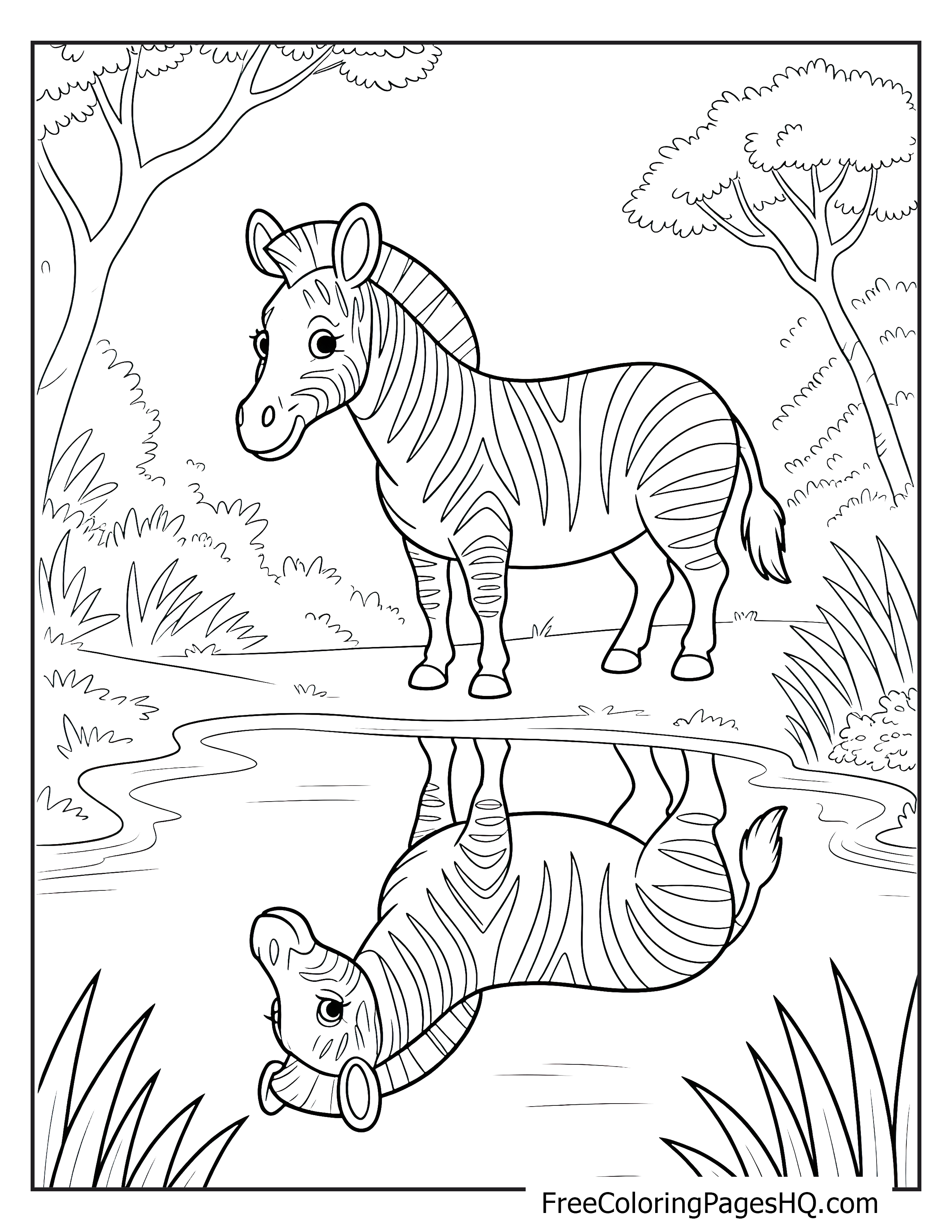 A zebra by a pond with its reflection and surrounding trees and grass.