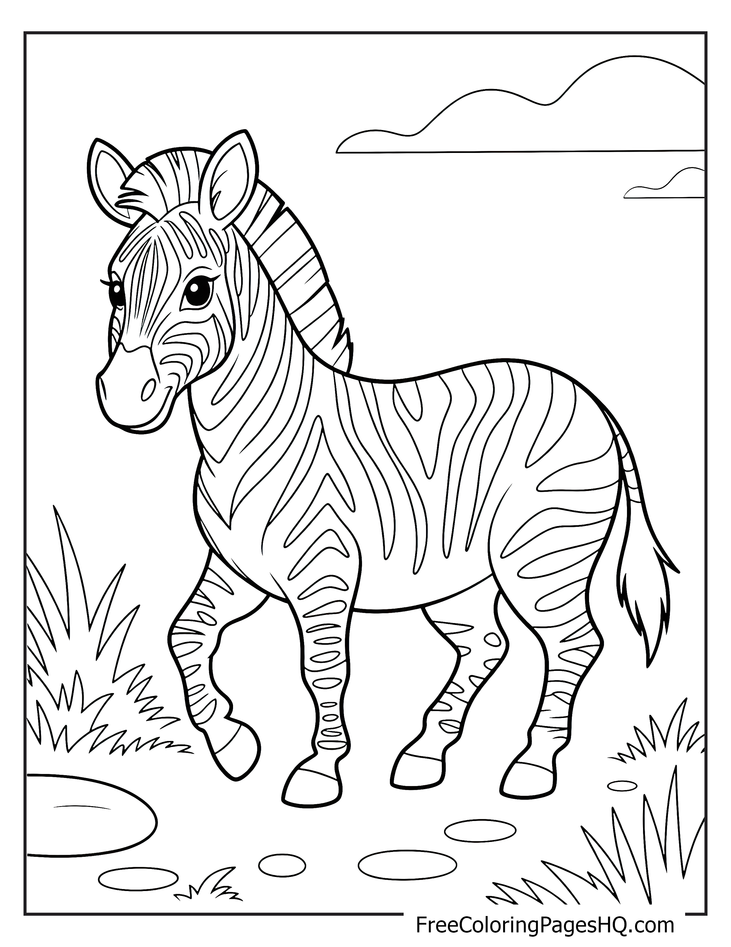 A zebra with stripes stands in a meadow with grass and a clear sky.